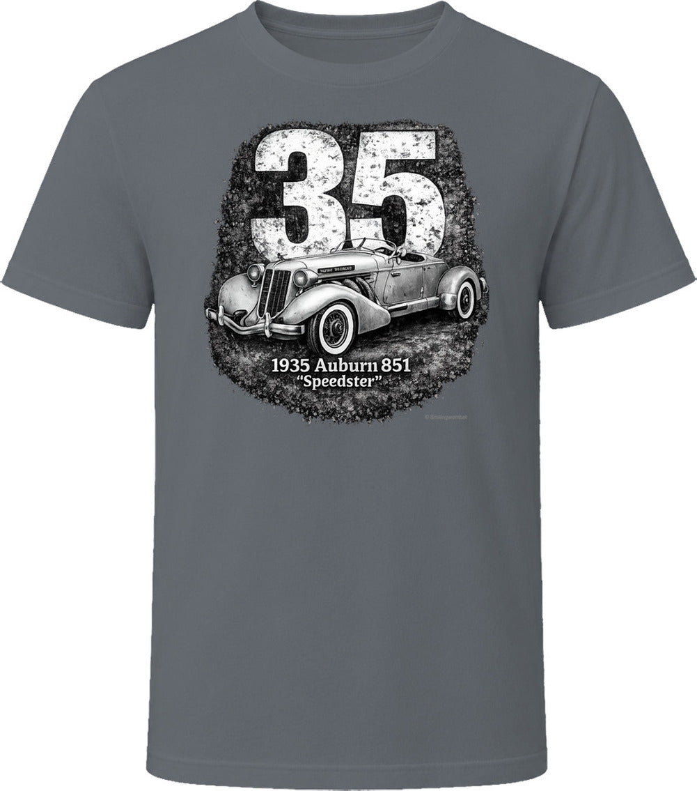 1935 Auburn 851 Speedster distressed car graphic T-shirt in charcoal grey