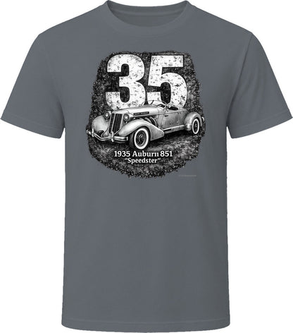 1935 Auburn 851 Speedster distressed car graphic T-shirt in charcoal grey