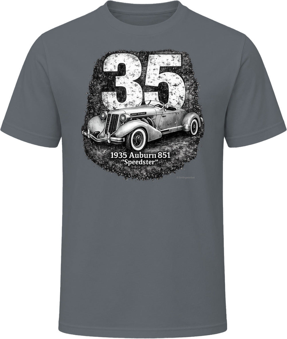 1935 Auburn 851 Speedster distressed car graphic T-shirt in charcoal grey