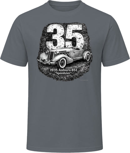1935 Auburn 851 Speedster distressed car graphic T-shirt in charcoal grey