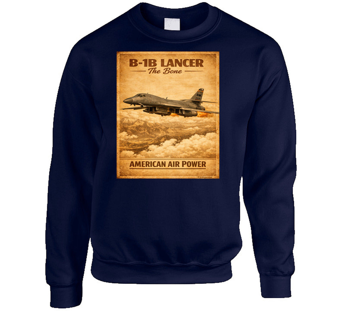 B-1B Lancer The Bone American Air Power vintage distressed graphic sweatshirt in navy by Smiling Wombat