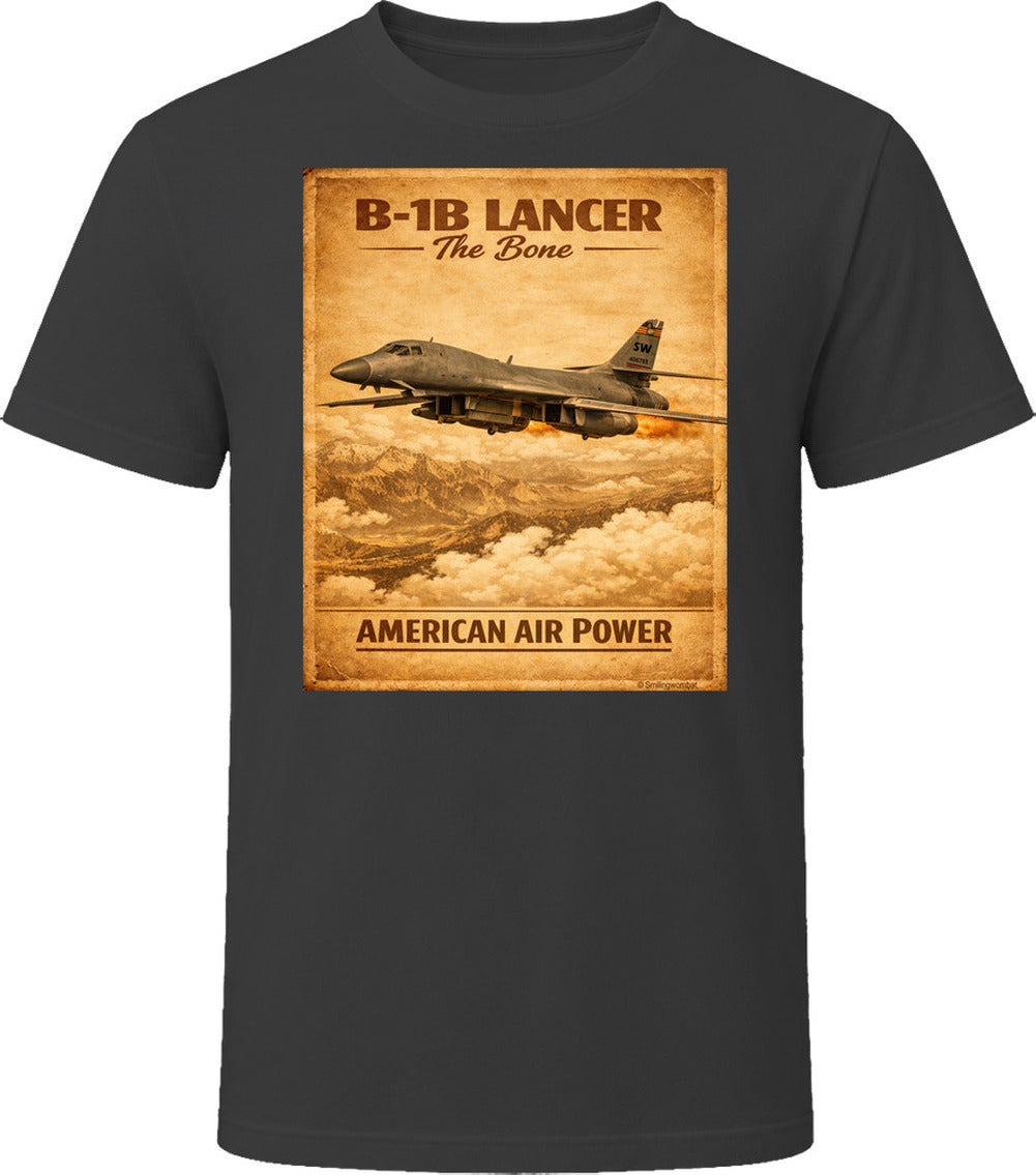 B-1B Lancer The Bone American Air Power vintage distressed graphic T-shirt in black by Smiling Wombat