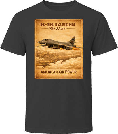 B-1B Lancer The Bone American Air Power vintage distressed graphic T-shirt in black by Smiling Wombat