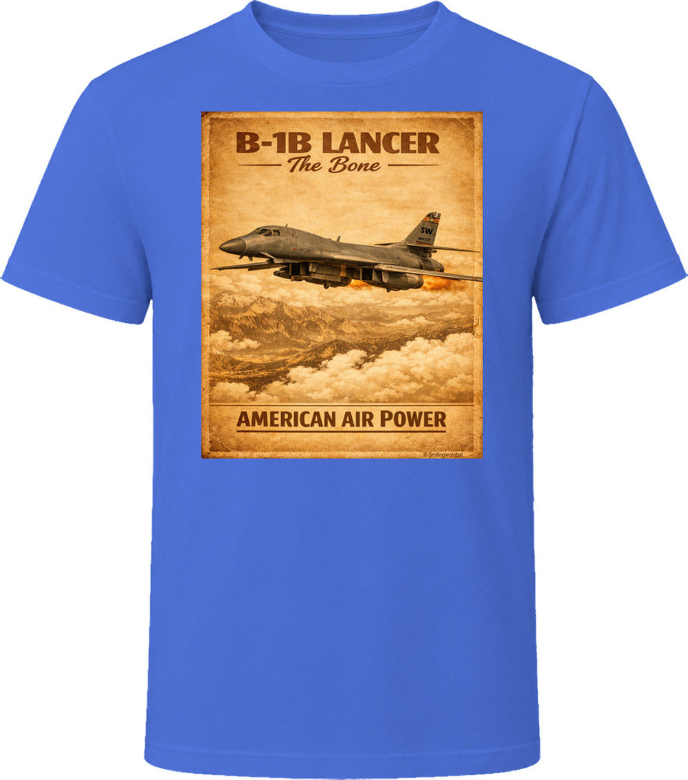 B-1B Lancer The Bone American Air Power vintage distressed graphic T-shirt in royal blue by Smiling Wombat