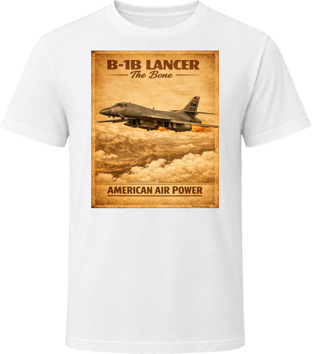 B-1B Lancer The Bone American Air Power vintage distressed graphic T-shirt in white by Smiling Wombat