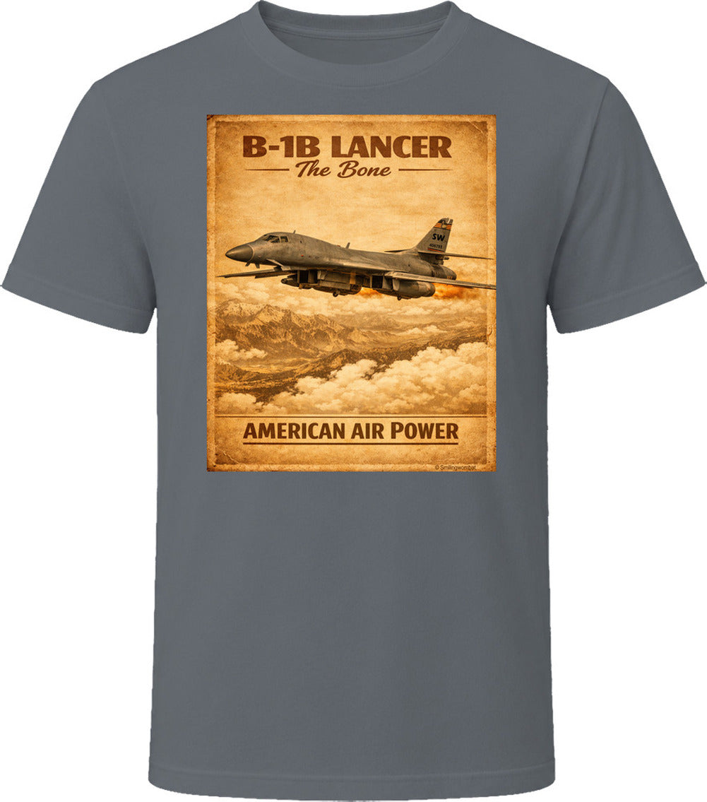 B-1B Lancer The Bone American Air Power vintage distressed graphic T-shirt in charcoal grey by Smiling Wombat