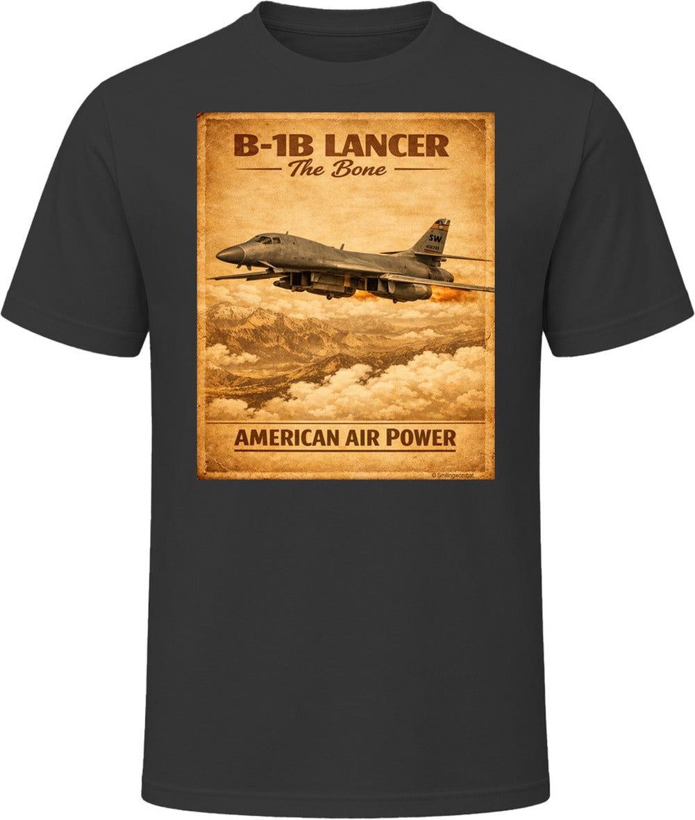 B-1B Lancer The Bone American Air Power vintage distressed graphic T-shirt in black by Smiling Wombat