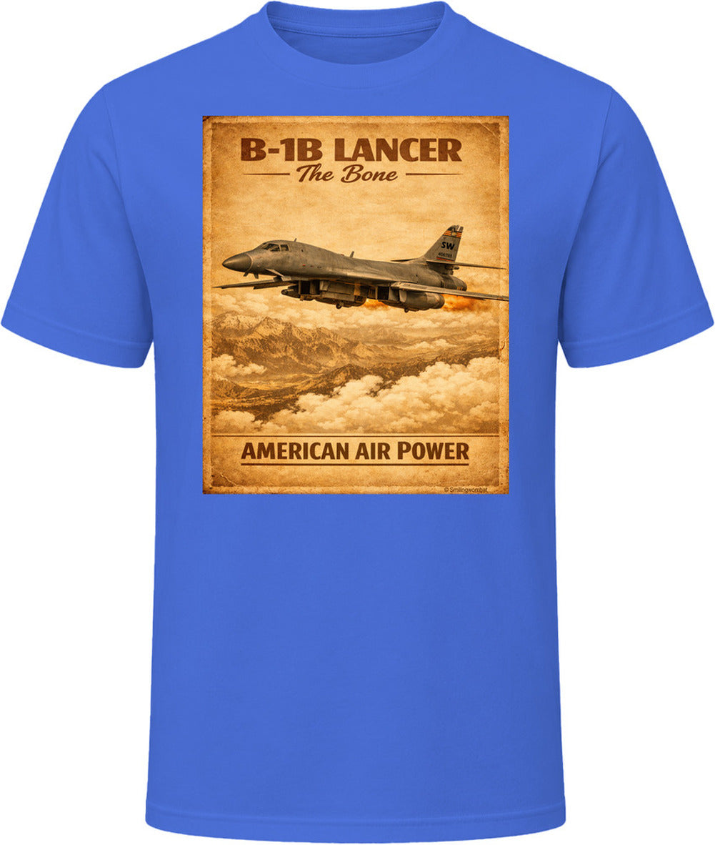 B-1B Lancer The Bone American Air Power vintage distressed graphic T-shirt in royal blue by Smiling Wombat