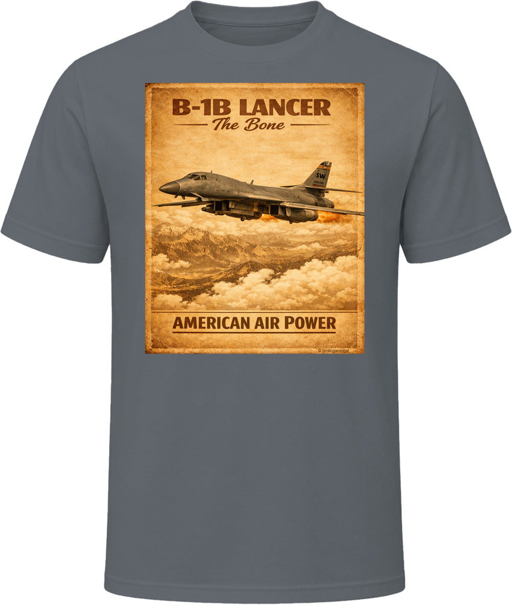 B-1B Lancer The Bone American Air Power vintage distressed graphic T-shirt in charcoal grey by Smiling Wombat
