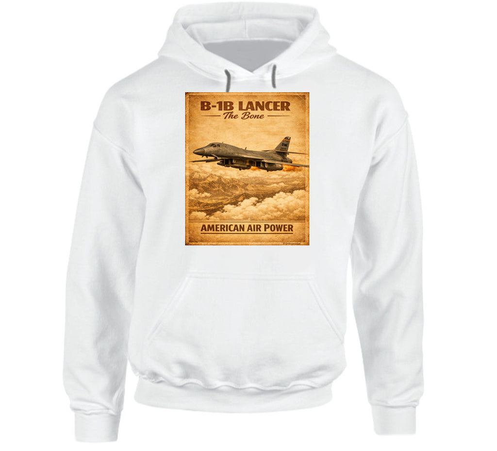 B-1B Lancer The Bone American Air Power vintage distressed graphic hoodie in white by Smiling Wombat