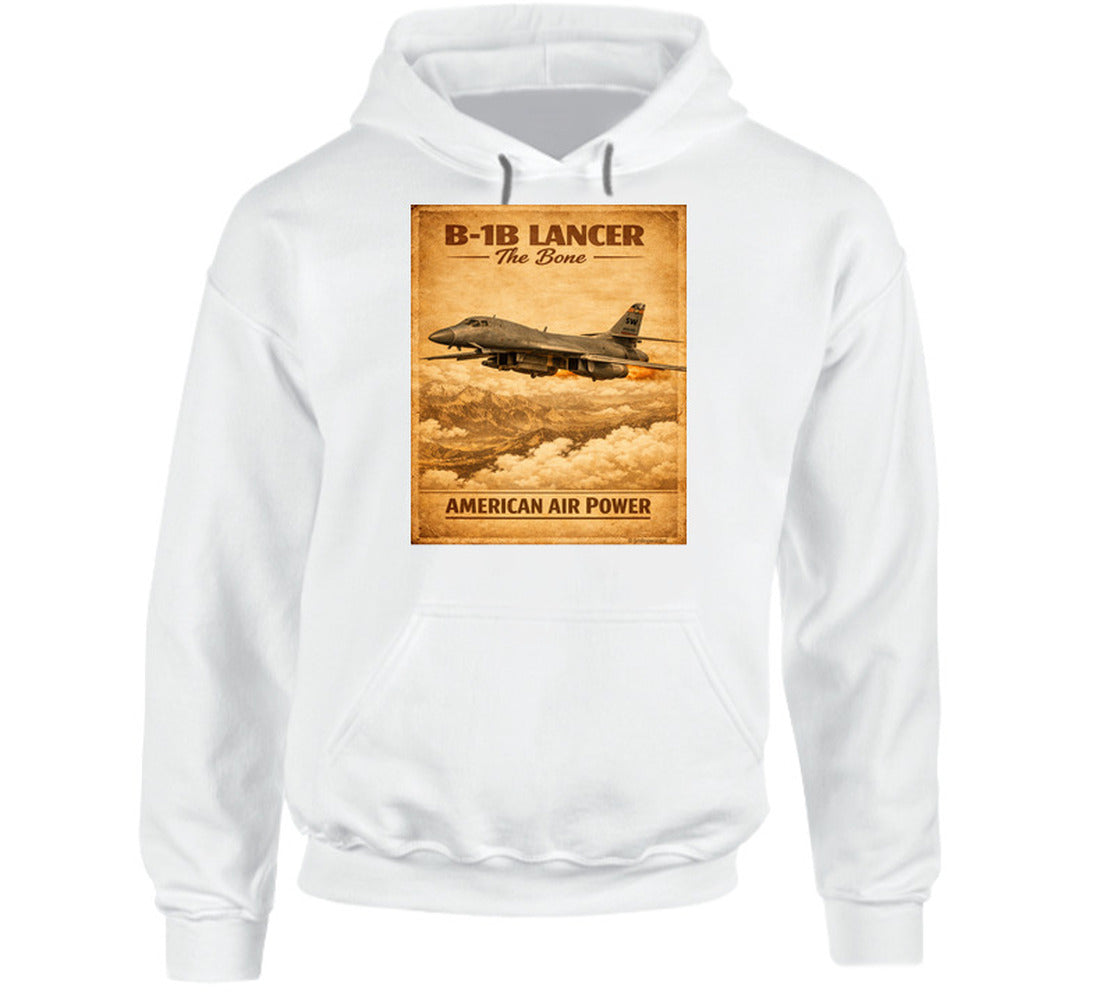 B-1B Lancer The Bone American Air Power vintage distressed graphic hoodie in white by Smiling Wombat