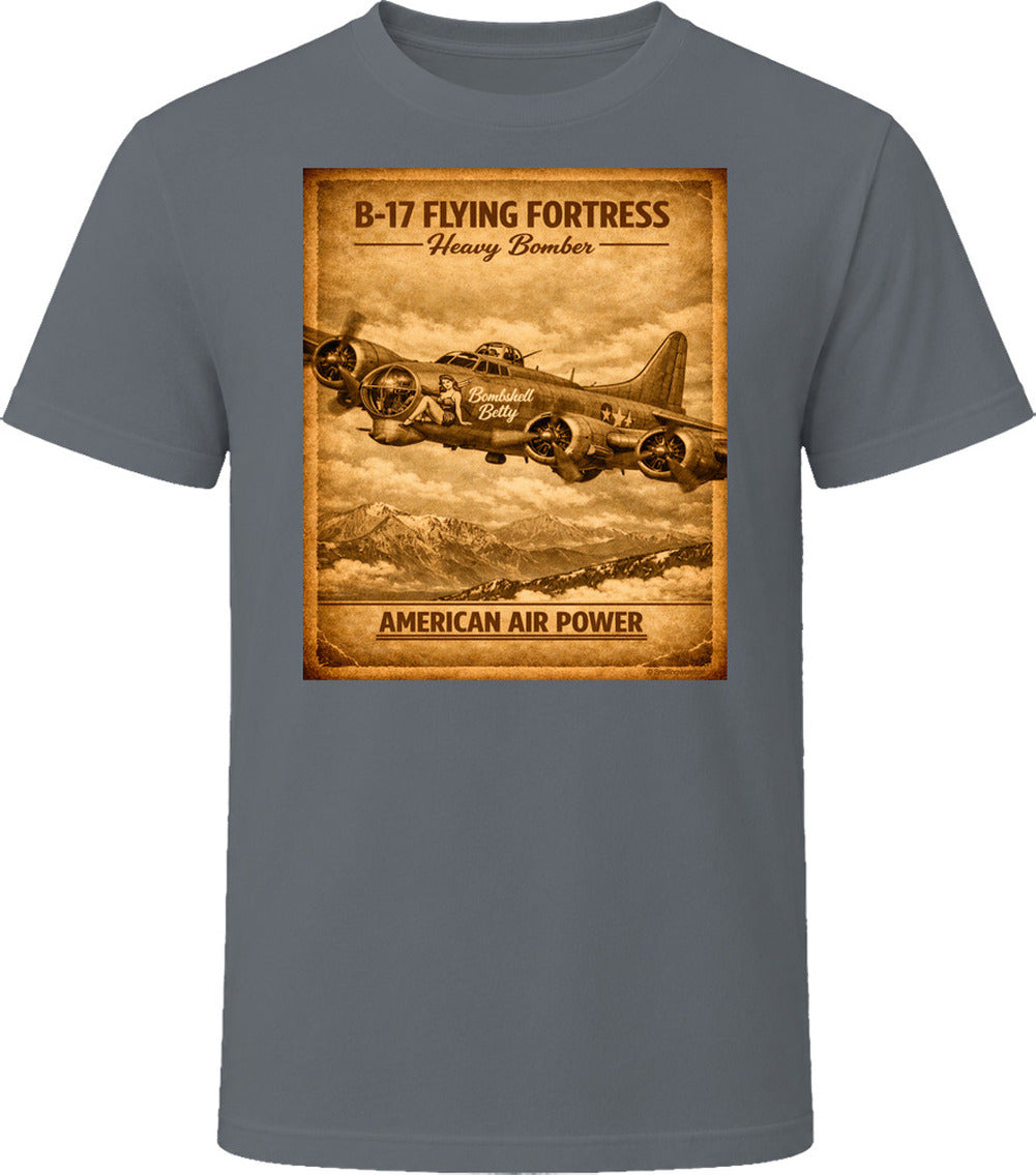 B-17 Bombshell Betty Distressed Military Charcoal Grey T-Shirt