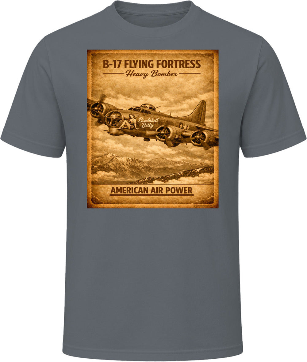 B-17 Bombshell Betty Distressed Military Charcoal Grey T-Shirt