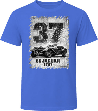 1937 SS Jaguar 100 vintage car graphic t-shirt in royal blue