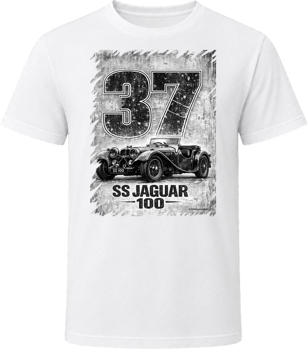 1937 SS Jaguar 100 vintage distressed graphic t-shirt in white