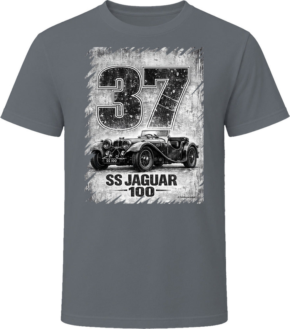 SS Jaguar 100 pre-war British sports car t-shirt in charcoal grey