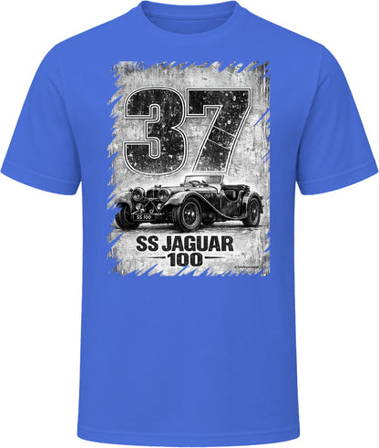 1937 SS Jaguar 100 vintage car graphic t-shirt in royal blue