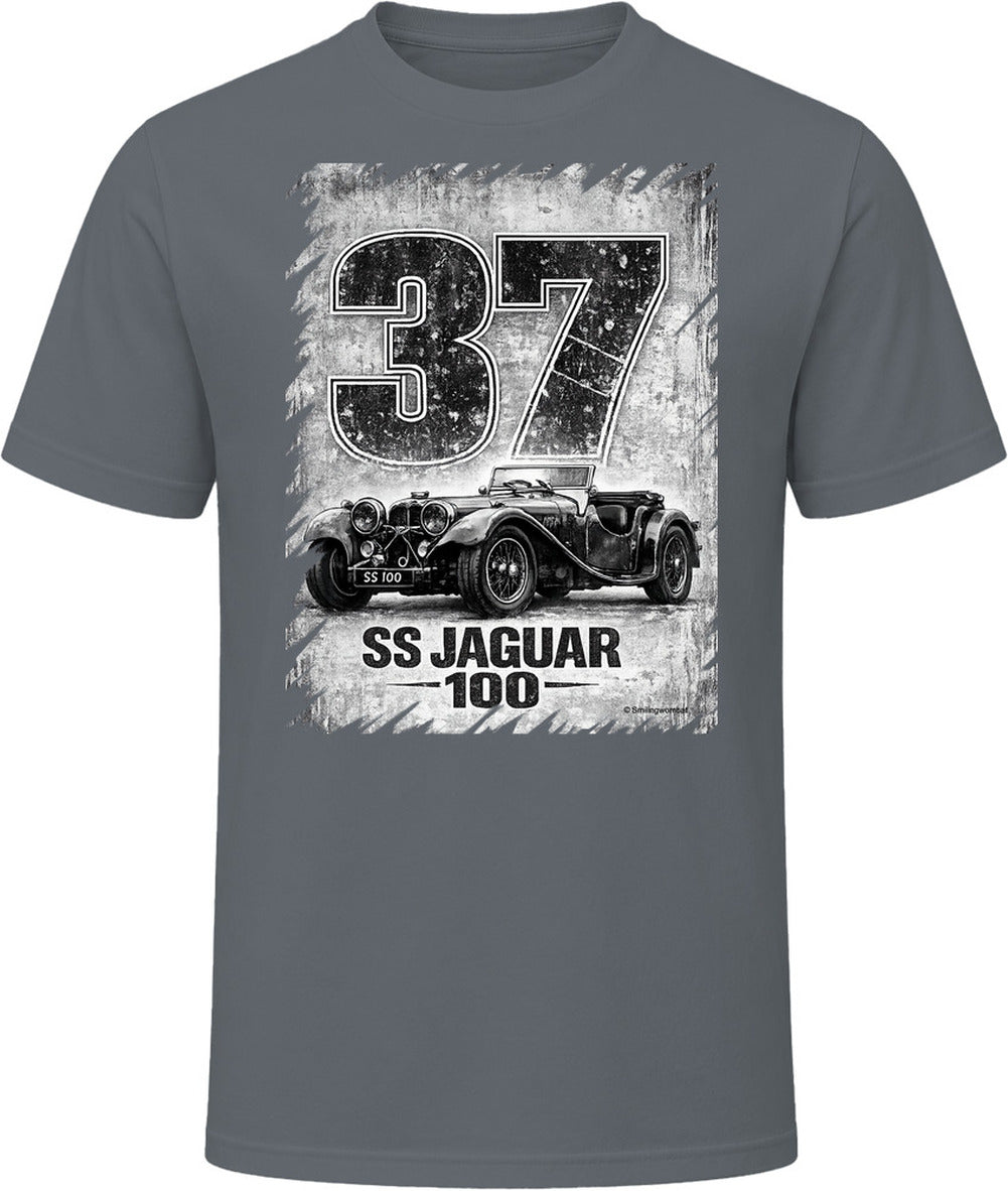SS Jaguar 100 pre-war British sports car t-shirt in charcoal grey