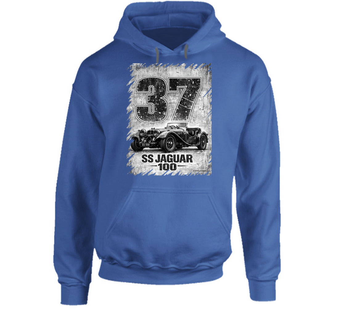 SS Jaguar 100 vintage car graphic hoodie in royal blue