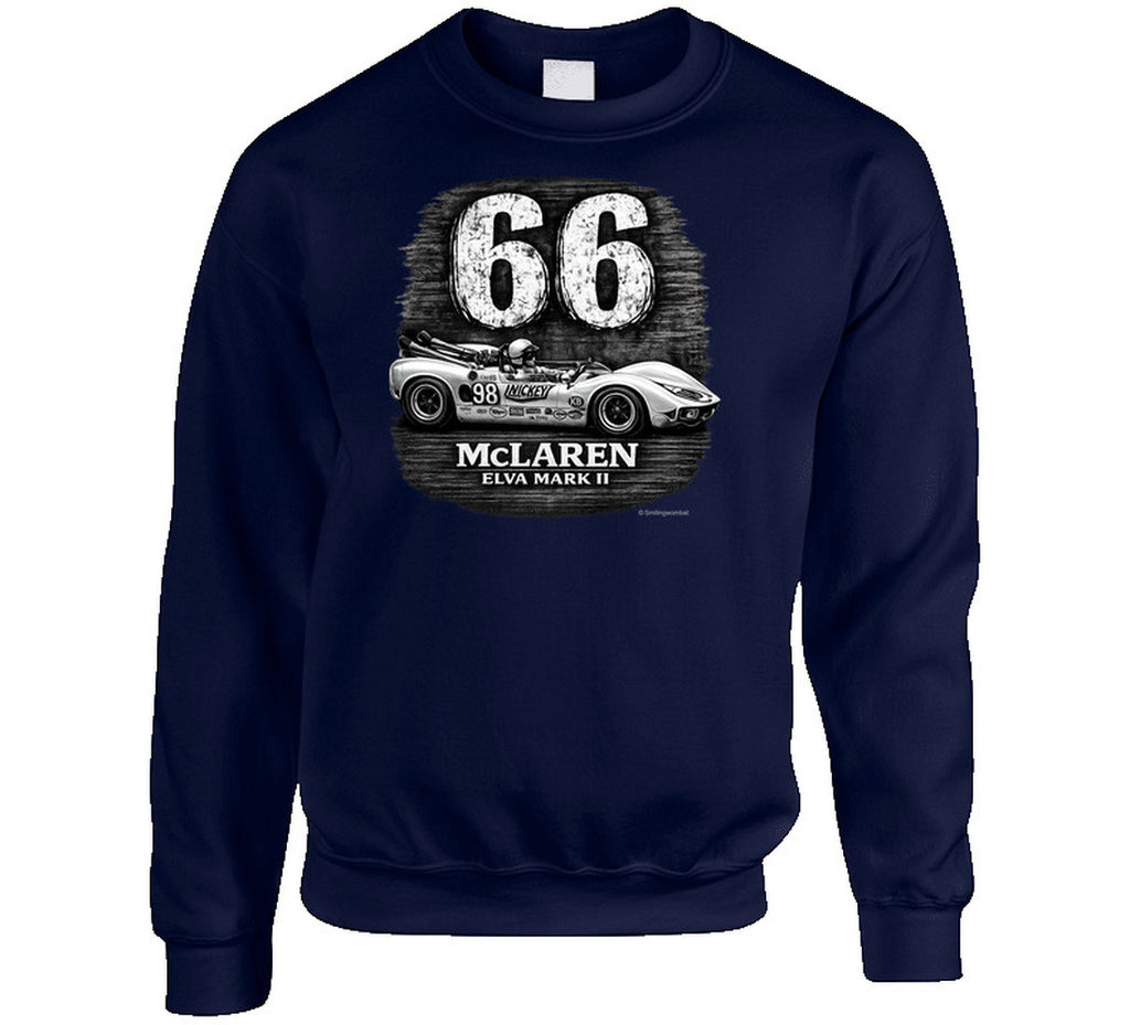 1966 McLaren Elva Mark II Road America 500 vintage racing graphic sweatshirt in navy