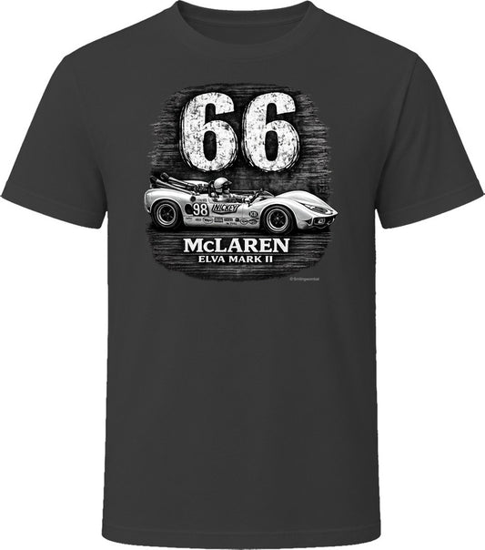 1966 McLaren Elva Mark II Road America 500 vintage racing graphic t-shirt in black