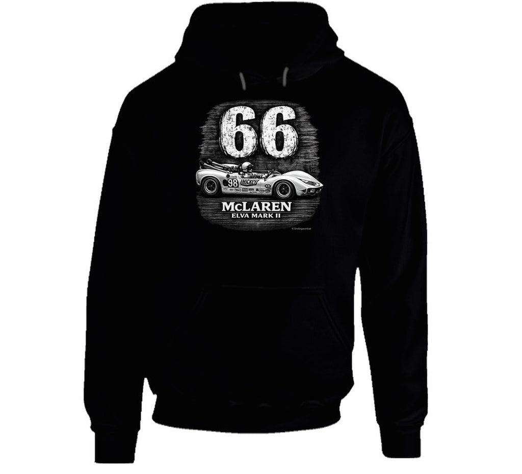 1966 McLaren Elva Mark II Road America 500 vintage racing graphic hoodie in black