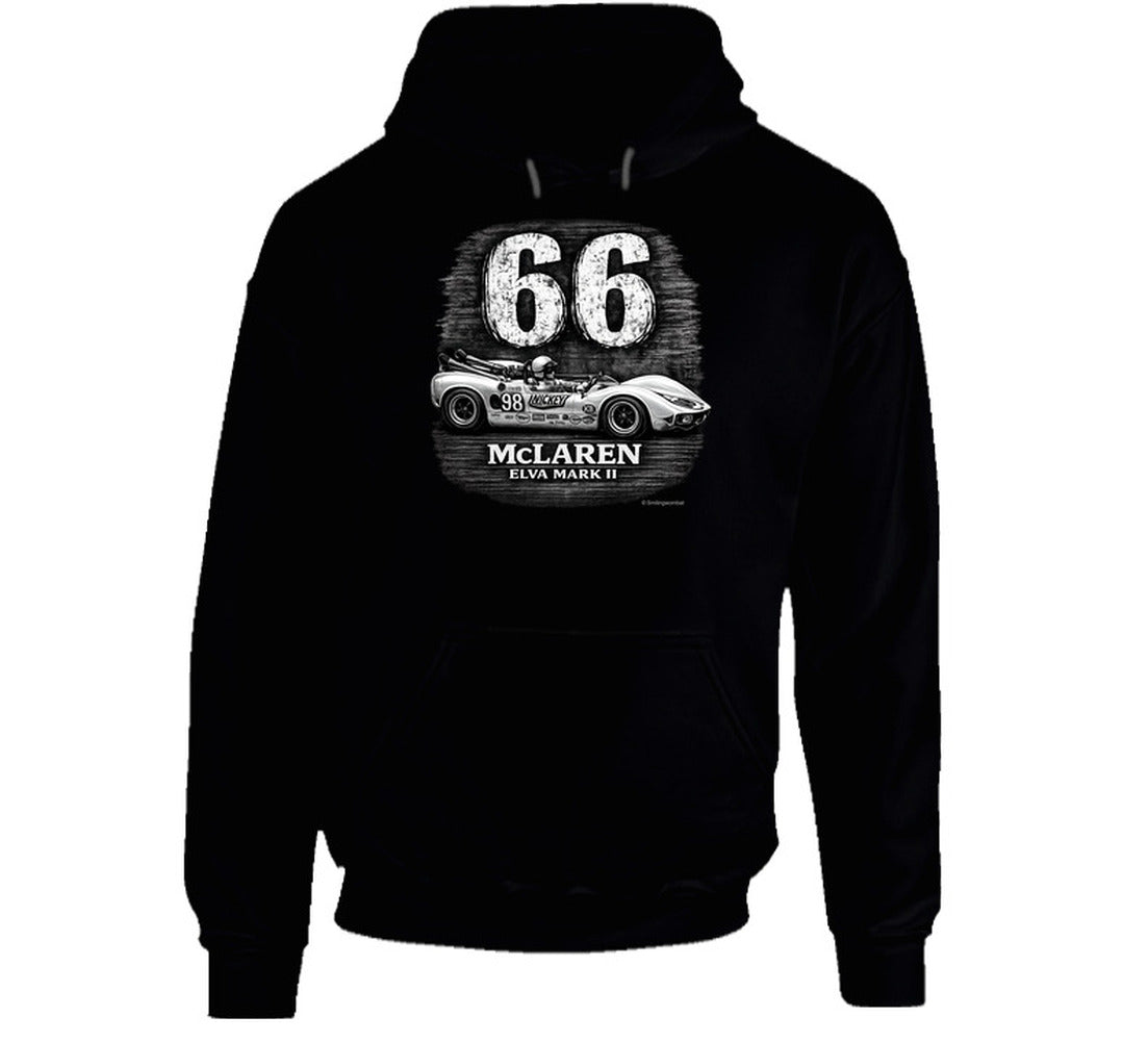 1966 McLaren Elva Mark II Road America 500 vintage racing graphic hoodie in black