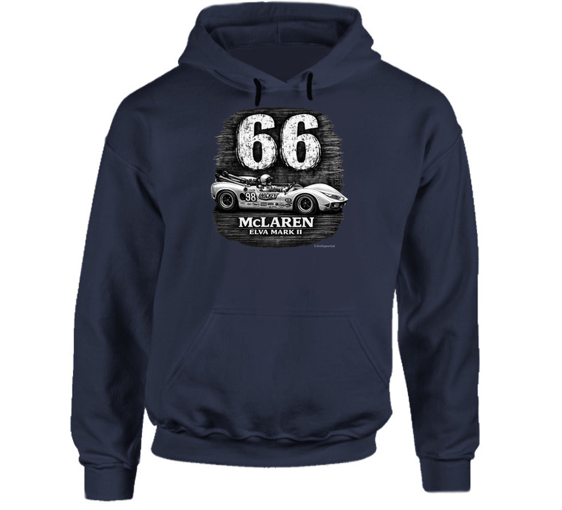 1966 McLaren Elva Mark II Road America 500 vintage racing graphic hoodie in navy