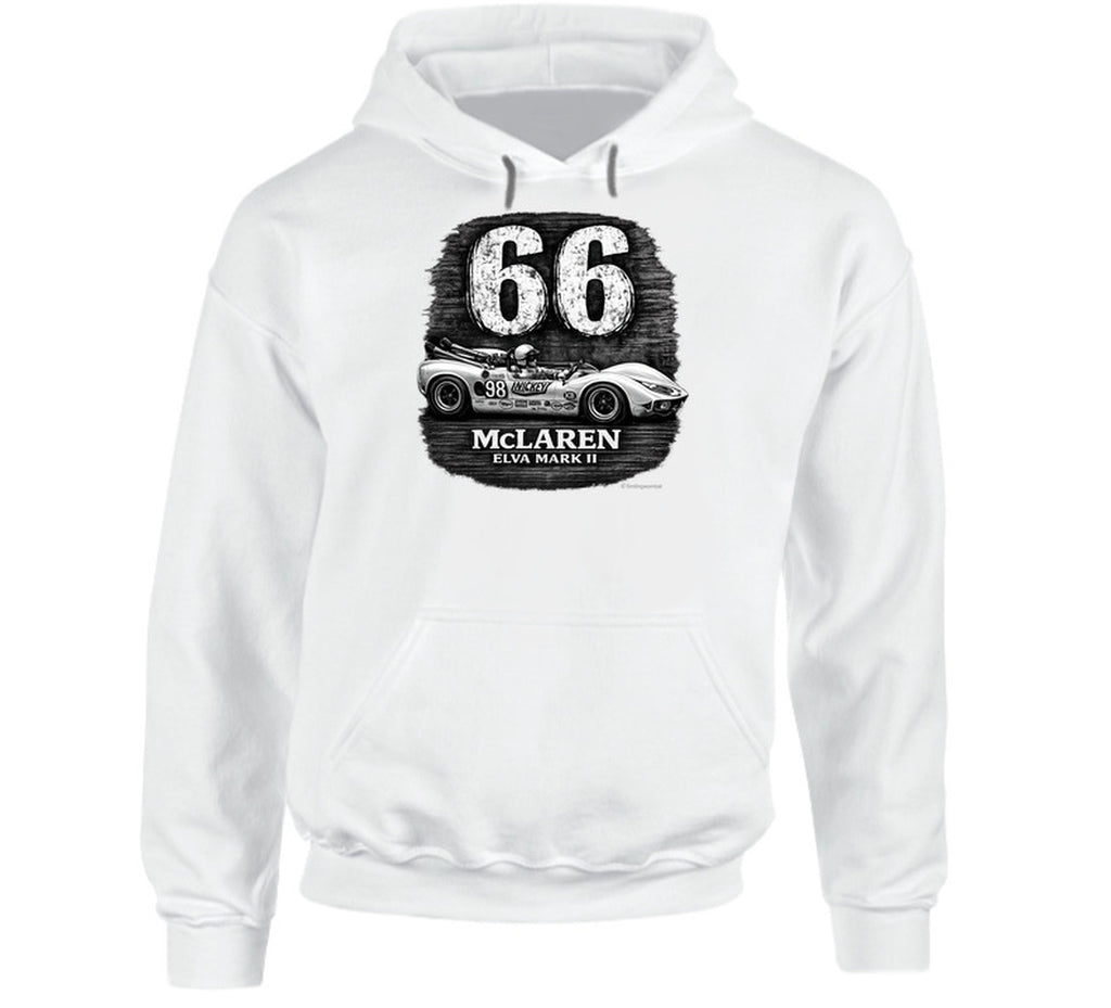 1966 McLaren Elva Mark II Road America 500 vintage racing graphic hoodie in white