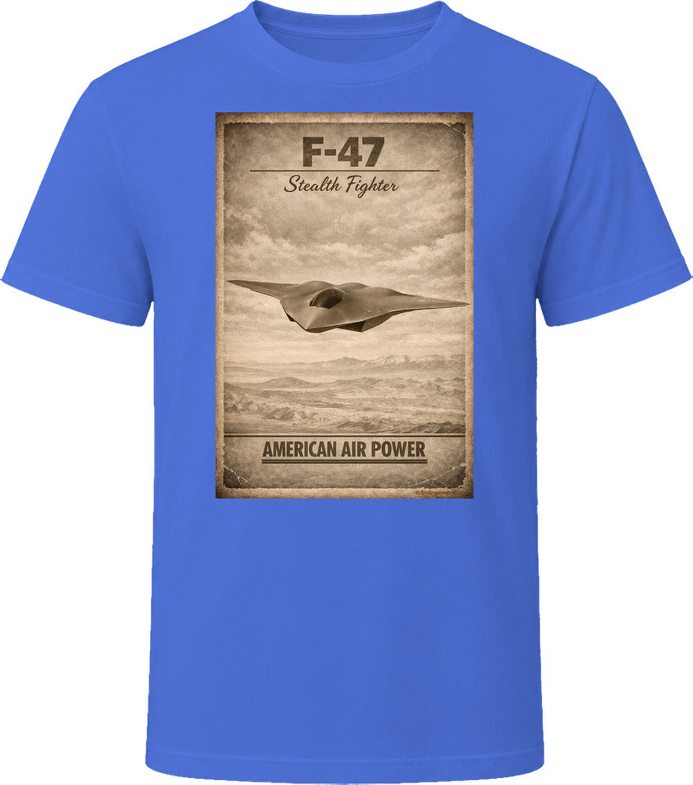 F-47 Stealth Fighter American Air Power royal blue t-shirt aviation apparel