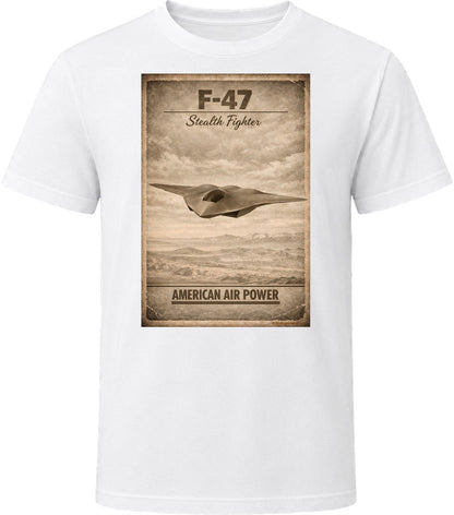 F-47 Stealth Fighter American Air Power white t-shirt distressed vintage design