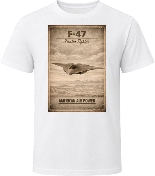 F-47 Stealth Fighter American Air Power white t-shirt distressed vintage design