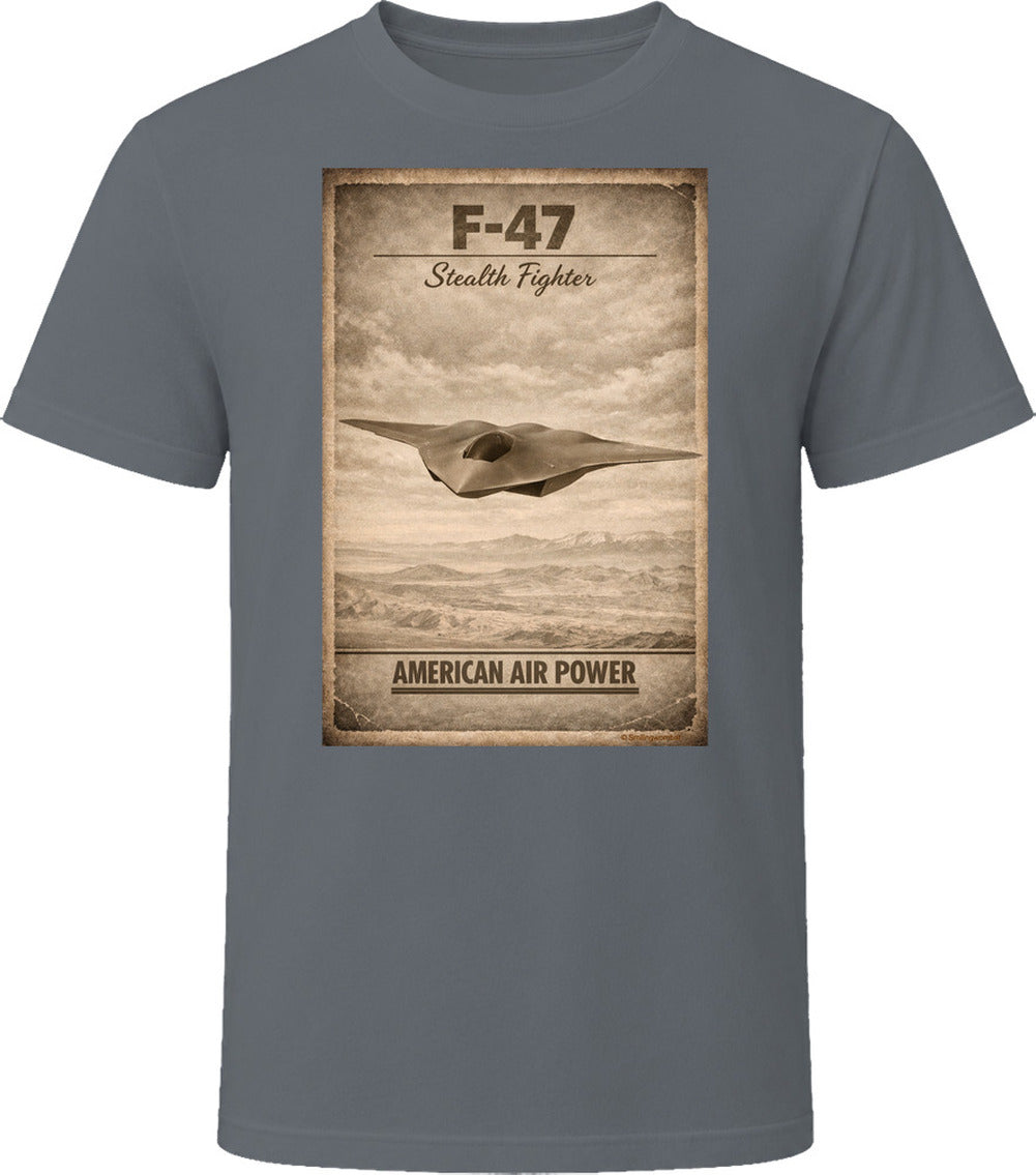 F-47 Stealth Fighter American Air Power charcoal grey t-shirt stealth jet tee