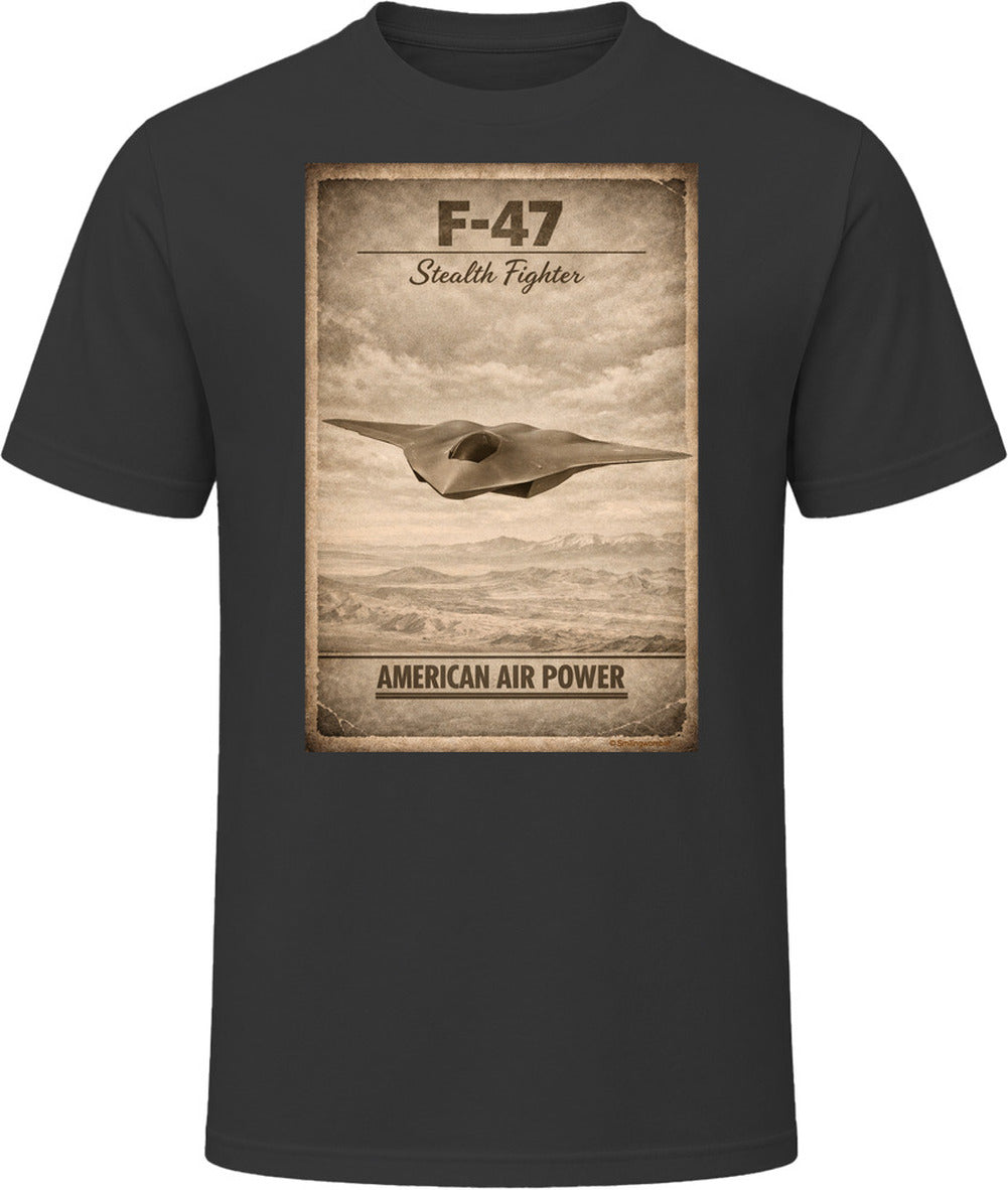 F-47 Stealth Fighter American Air Power black t-shirt military aviation graphic