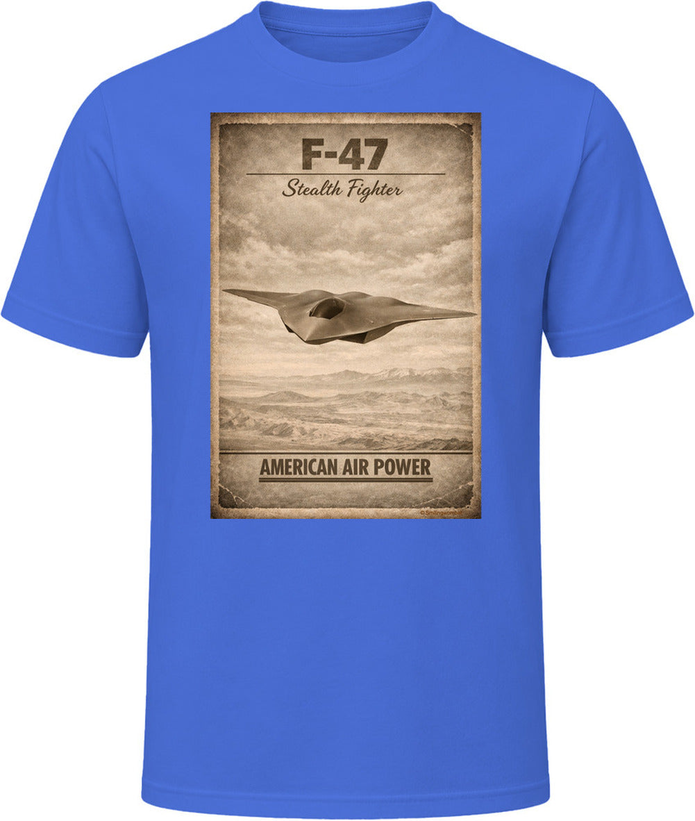 F-47 Stealth Fighter American Air Power royal blue t-shirt aviation apparel