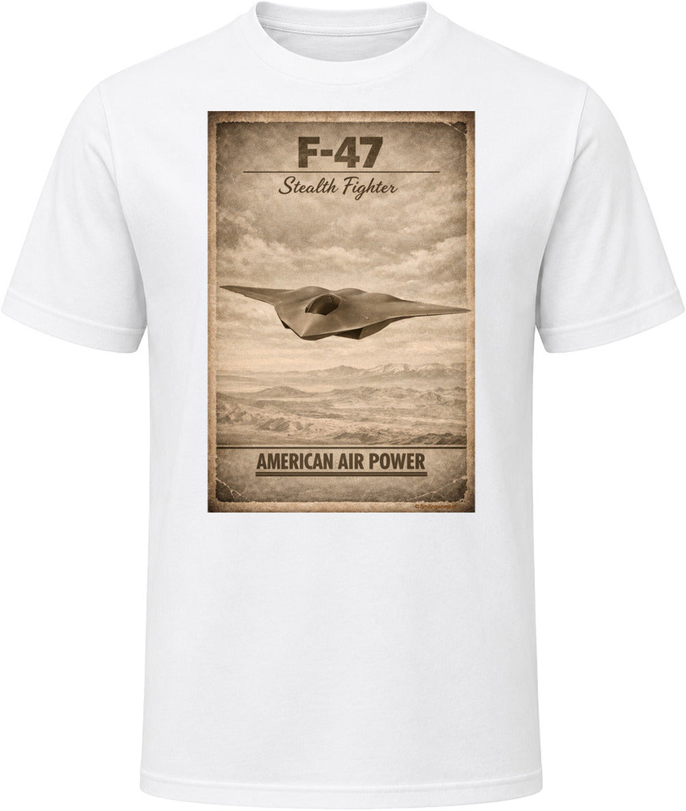 F-47 Stealth Fighter American Air Power white t-shirt distressed vintage design