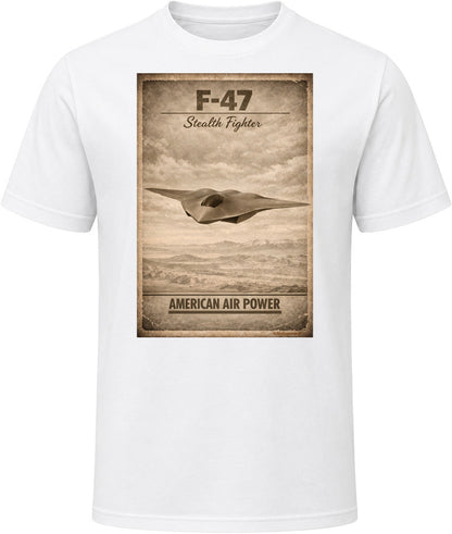 F-47 Stealth Fighter American Air Power white t-shirt distressed vintage design