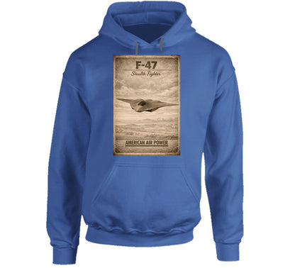 F-47 Stealth Fighter American Air Power royal blue hoodie patriotic aviation