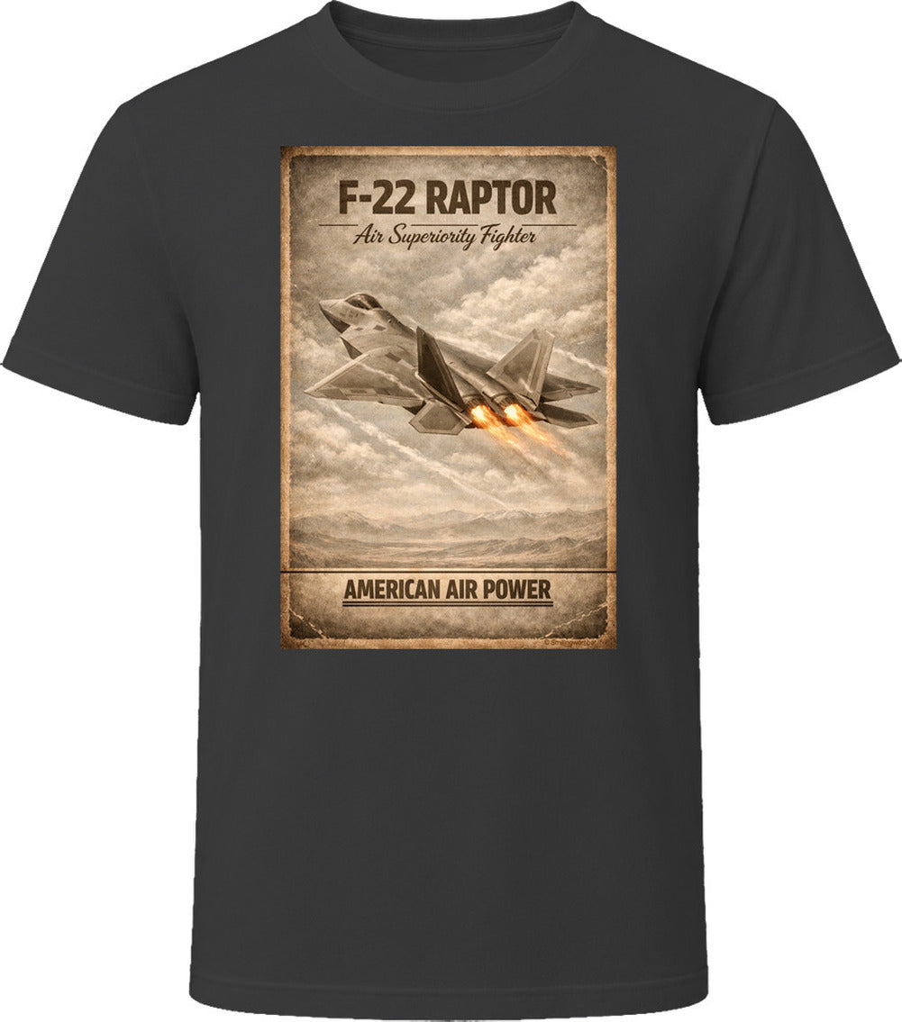F-22 Raptor American Air Power black t-shirt with bold distressed stealth fighter graphic by Smiling Wombat