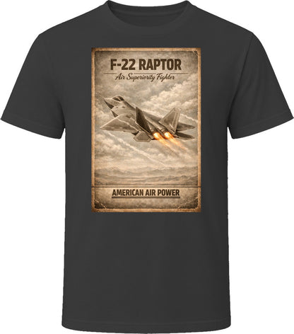 F-22 Raptor American Air Power black t-shirt with bold distressed stealth fighter graphic by Smiling Wombat