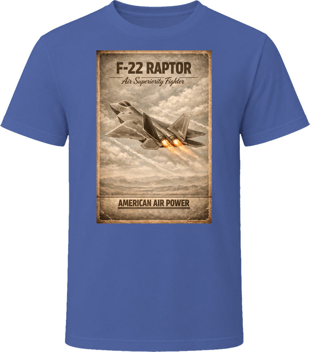 F-22 Raptor American Air Power navy t-shirt featuring vintage air superiority fighter design by Smiling Wombat