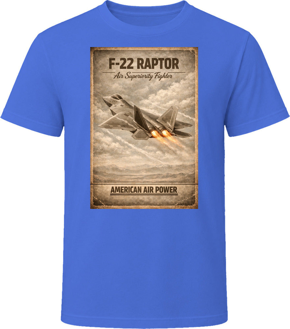 F-22 Raptor American Air Power royal blue t-shirt with distressed military aviation print by Smiling Wombat