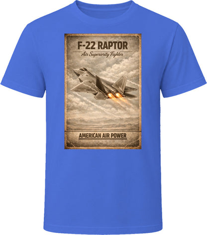 F-22 Raptor American Air Power royal blue t-shirt with distressed military aviation print by Smiling Wombat