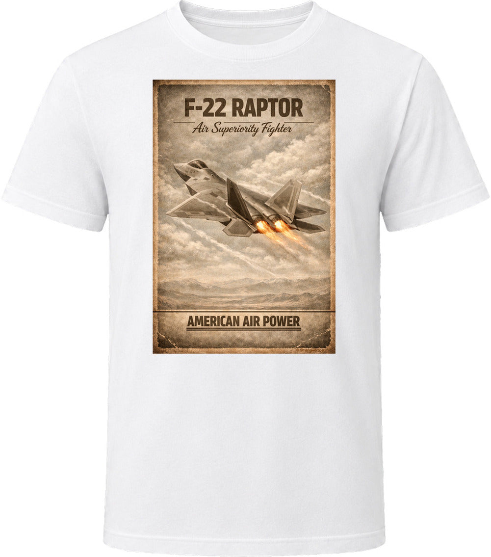 F-22 Raptor American Air Power white t-shirt with distressed vintage military aviation graphic by Smiling Wombat