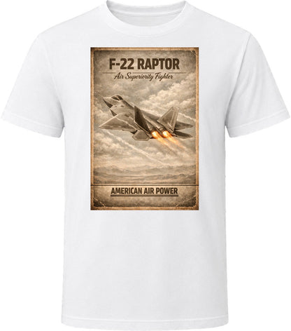 F-22 Raptor American Air Power white t-shirt with distressed vintage military aviation graphic by Smiling Wombat