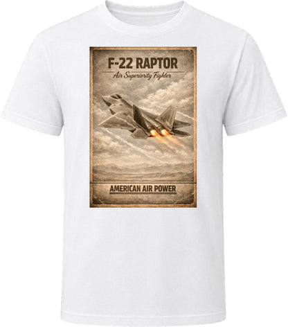 F-22 Raptor American Air Power white t-shirt with distressed vintage military aviation graphic by Smiling Wombat