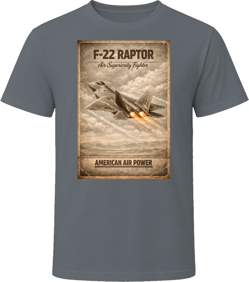F-22 Raptor American Air Power charcoal grey t-shirt with vintage stealth fighter graphic by Smiling Wombat