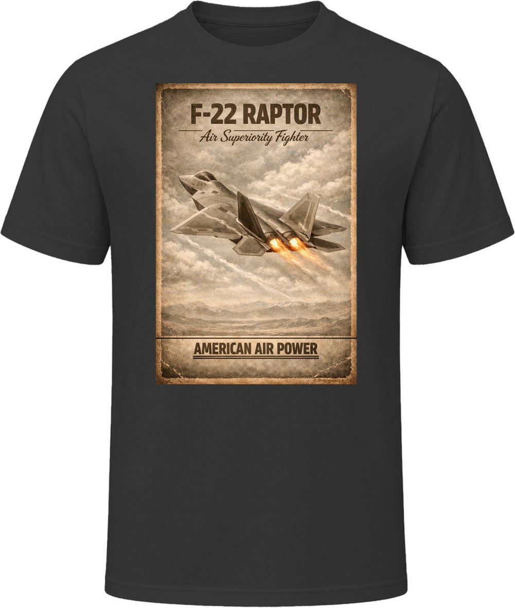 F-22 Raptor American Air Power black t-shirt with bold distressed stealth fighter graphic by Smiling Wombat
