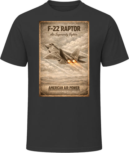 F-22 Raptor American Air Power black t-shirt with bold distressed stealth fighter graphic by Smiling Wombat