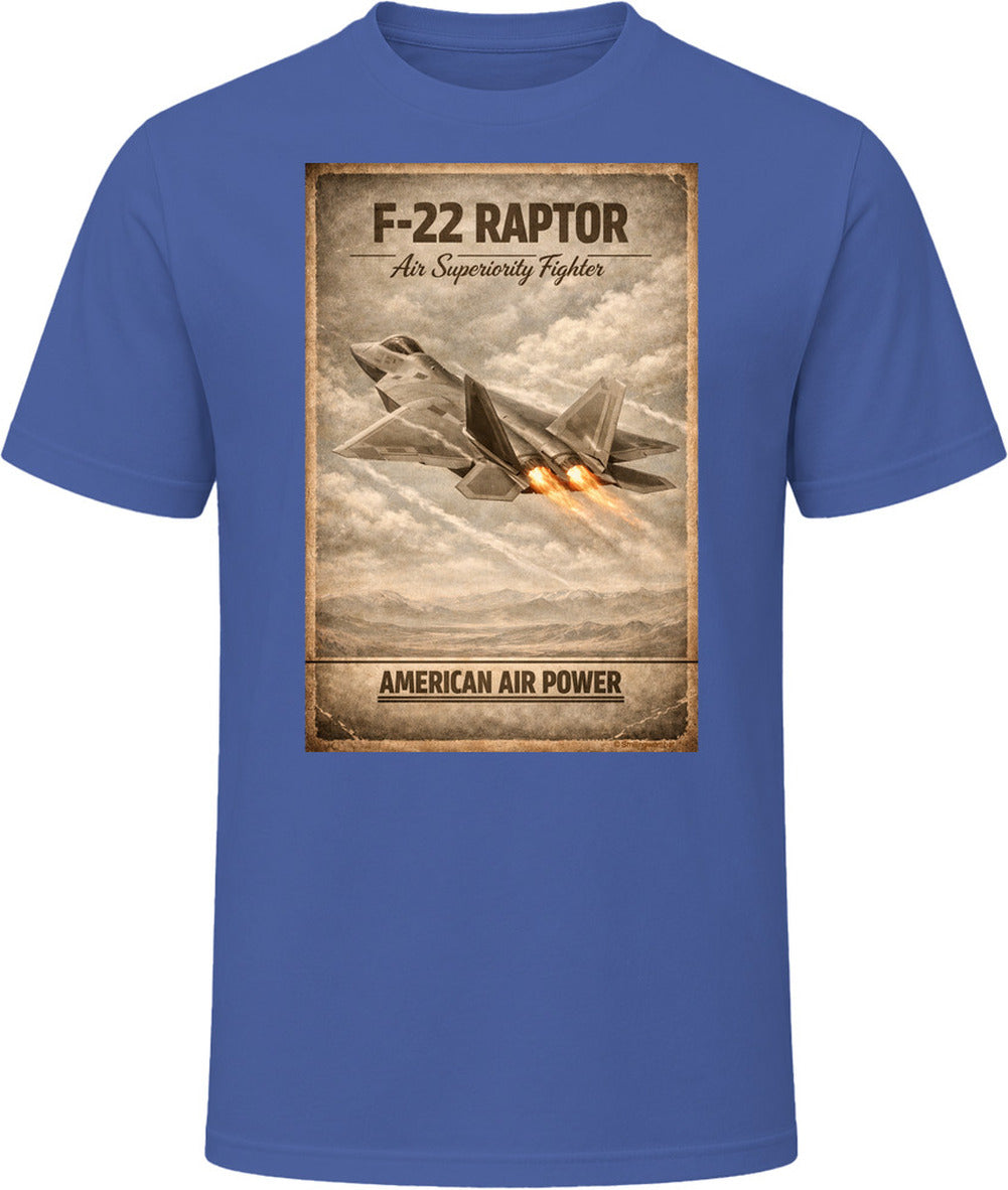 F-22 Raptor American Air Power navy t-shirt featuring vintage air superiority fighter design by Smiling Wombat
